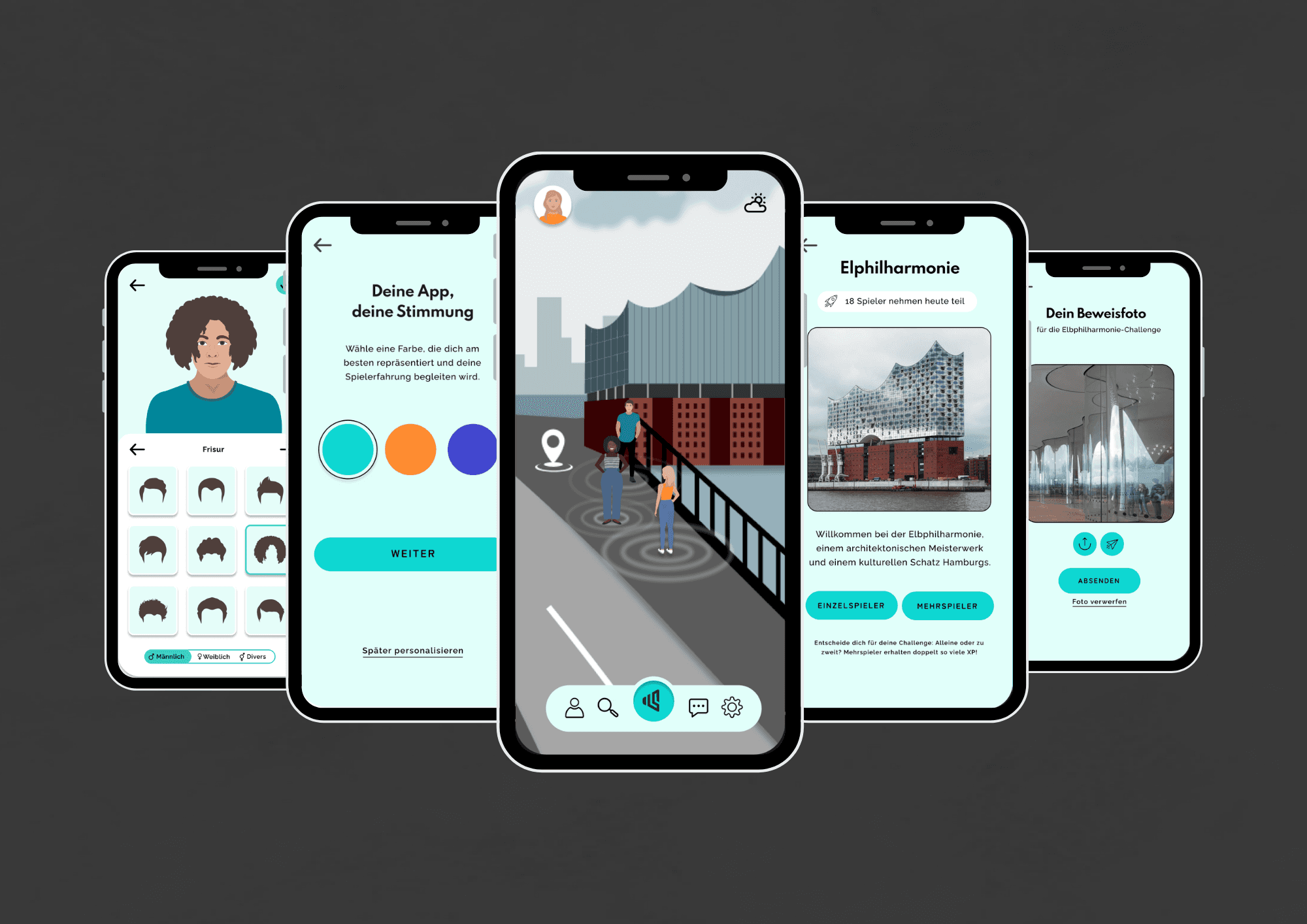 Überlappende Smartphone-Mockups mit dem Interface einer Mobile-App.
