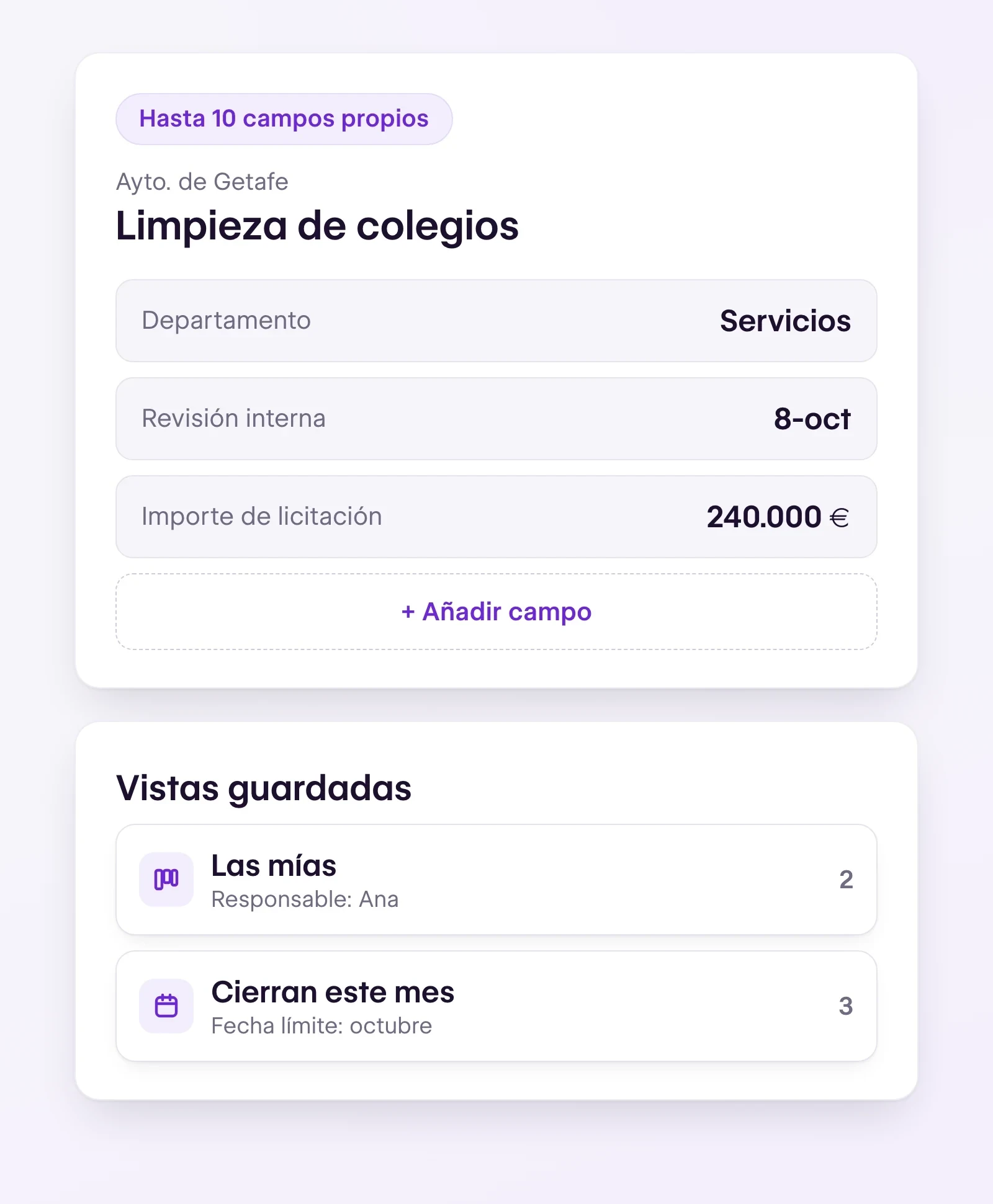 Ficha de una licitación en tenderyou con campos propios como el departamento, la revisión interna y el importe, y debajo las vistas guardadas «Las mías» y «Cierran este mes»