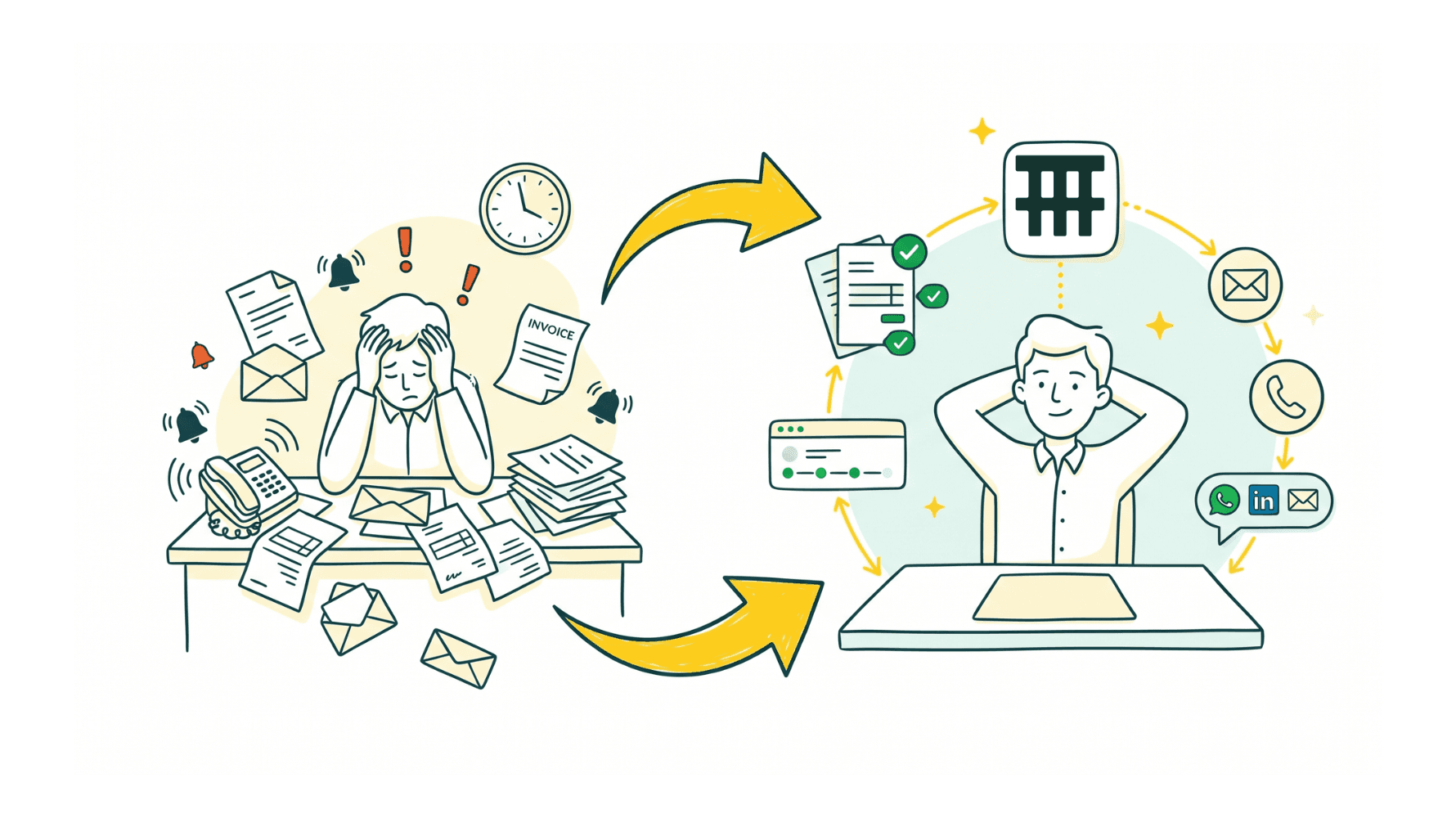 Illustration avant/après de l'externalisation des comptes clients : à gauche un dirigeant stressé submergé de factures, enveloppes, téléphone qui sonne et points d'exclamation, à droite la même personne détendue avec des factures ordonnées et cochées en vert, un tableau de suivi des paiements et des icônes de canaux (LinkedIn, WhatsApp, téléphone, email) qui circulent harmonieusement autour