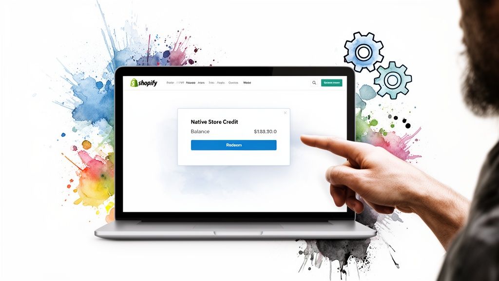 A hand points at a laptop displaying Shopify's 'Native Store Credit' balance and a 'Redeem' button.
