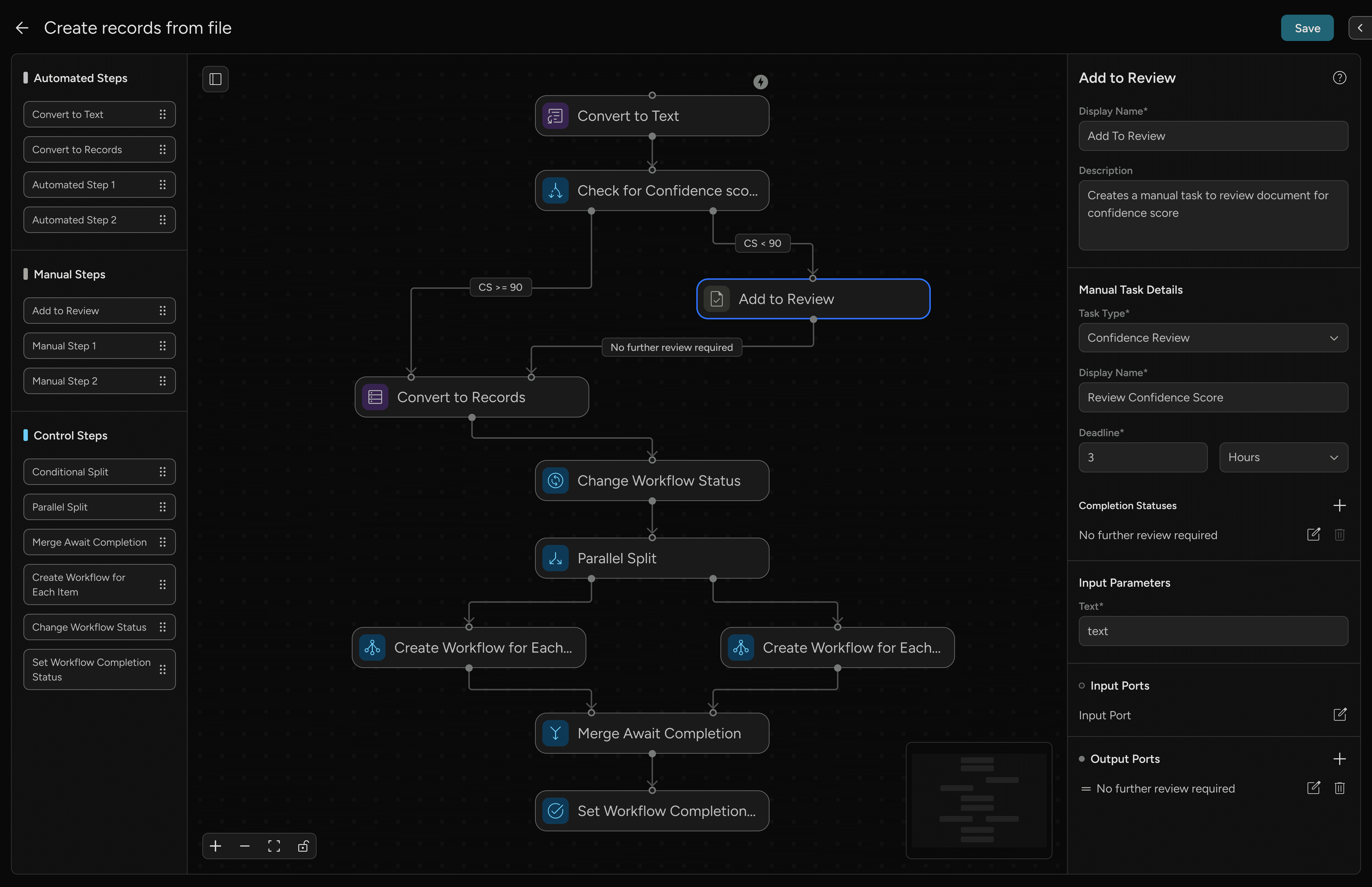 Workflow builder interface for automating record creation with manual review and conditional steps