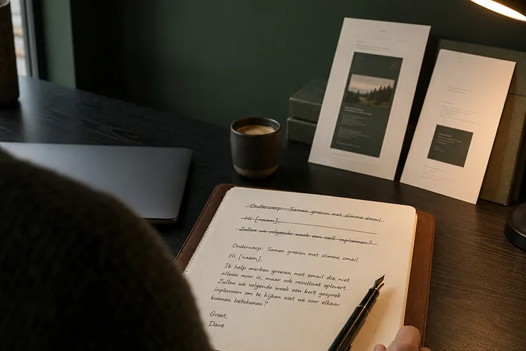 Handgeschreven brief in notitieboek op bureau met kaars en ingelijste afbeeldingen op achtergrond