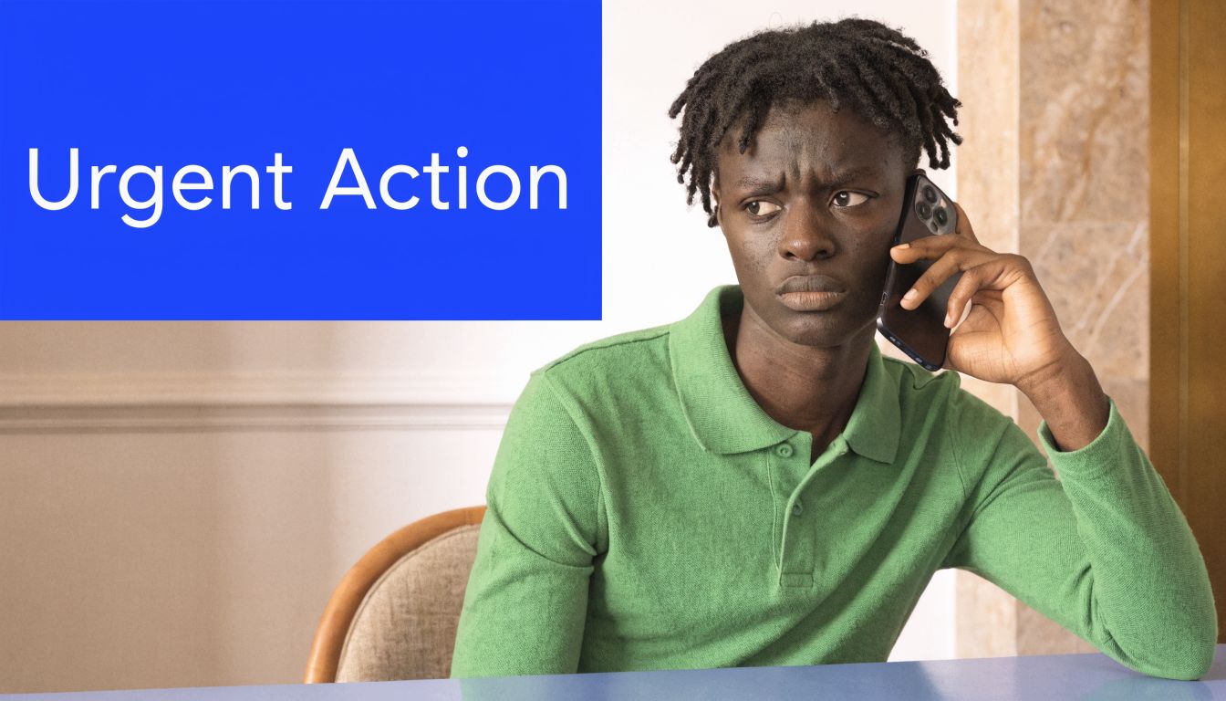 A young man with dreadlocks wearing a green polo shirt looking concerned while talking on his smartphone.