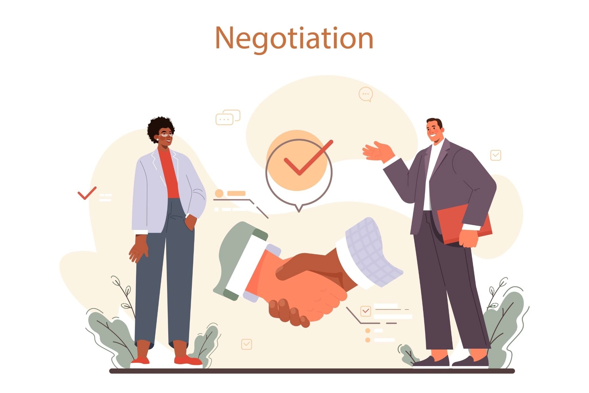 Illustration of two professionals shaking hands to close an influencer deal negotiation