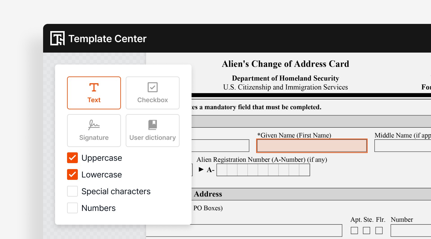 Template Center screen