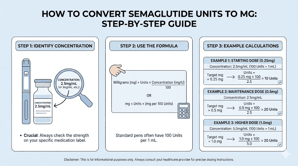 Step-by-step semaglutide units to mg conversion examples for different concentrations