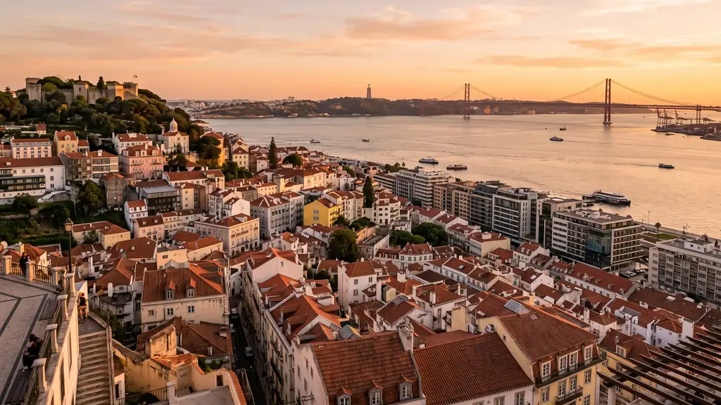 Lisbon rooftops and the Tagus riverfront at golden hour, real estate marketing Lisbon by TERAMOK