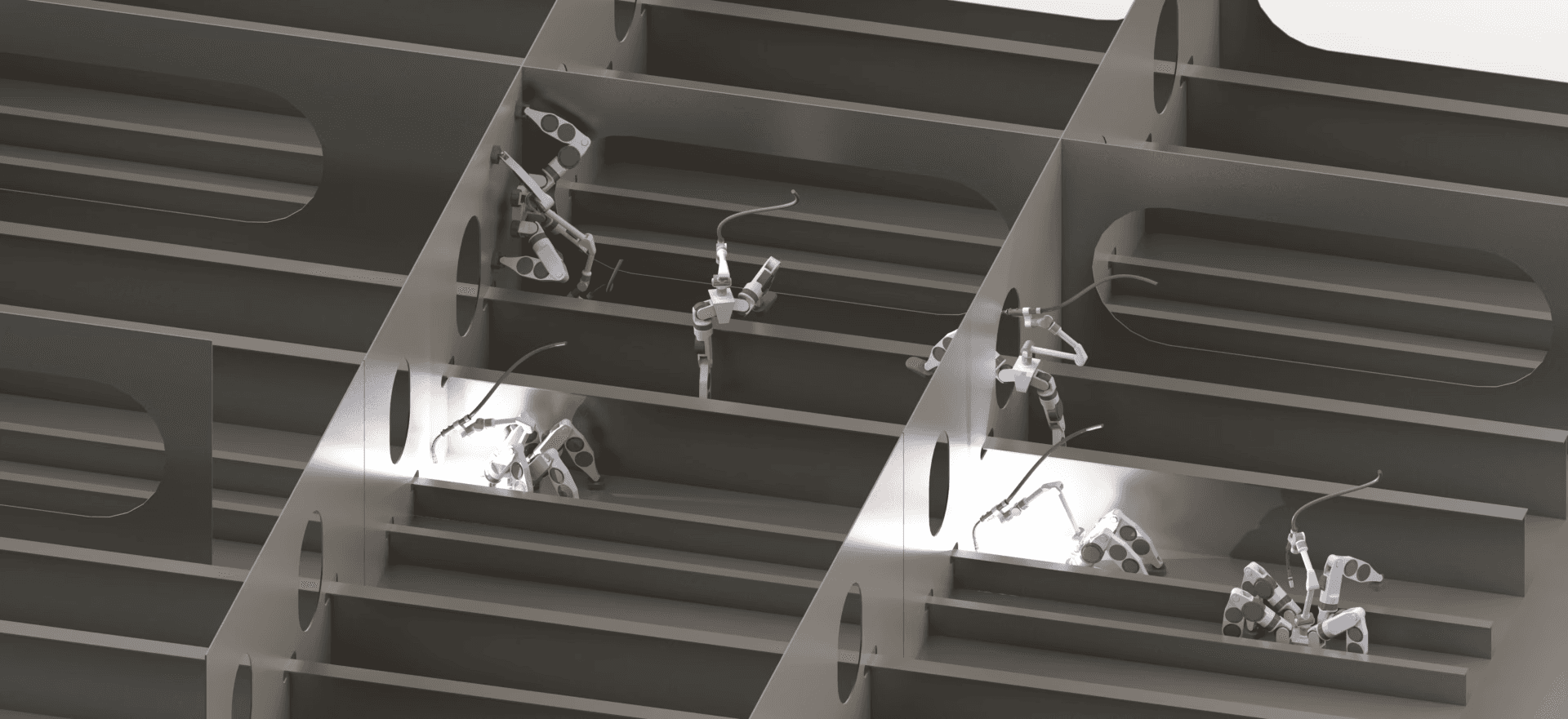 A concept rendering of a quadrupedal and a bipedal robot working together in an industrial environment of repeating bulkheads, stiffeners, and access holes.