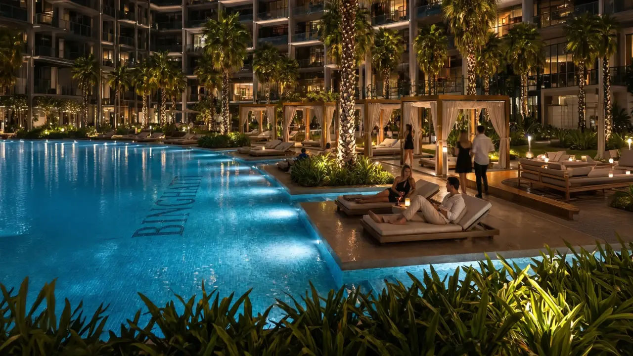 Evening luxury pool lounge with guests relaxing at Binghatti Wraith.
