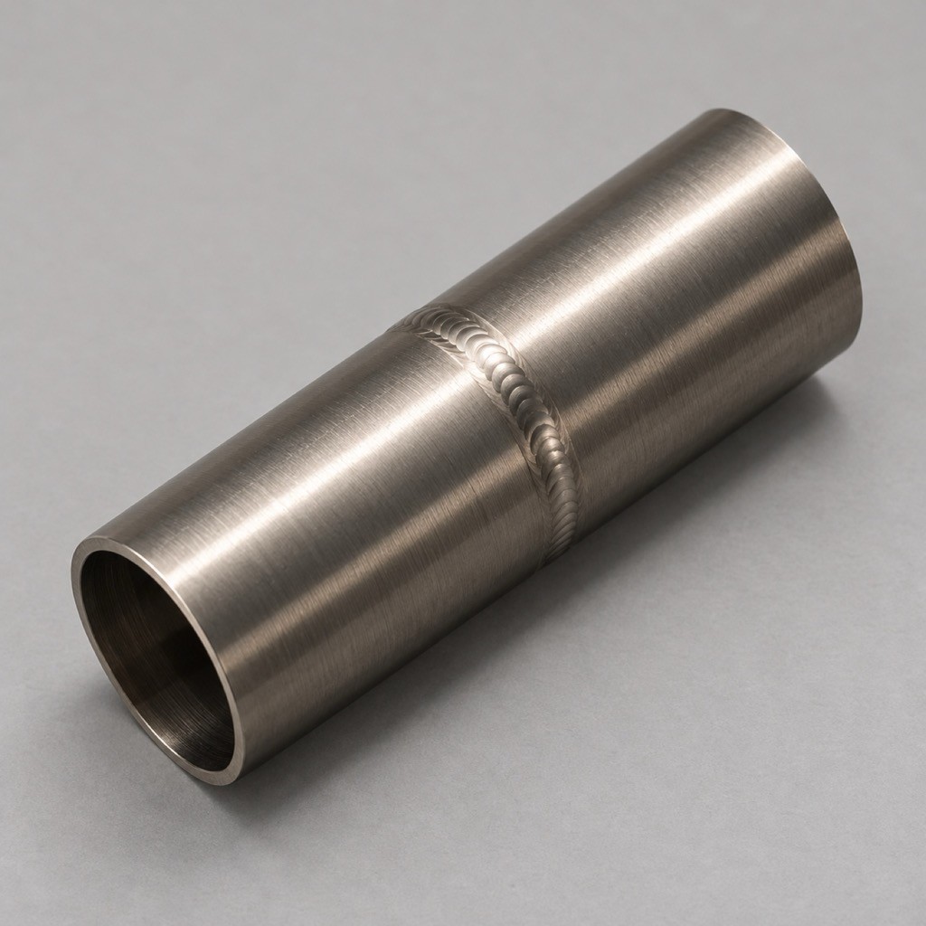 A brushed titanium tube sample with a TIG weld around its middle, on pale grey paper.