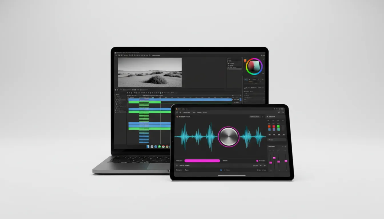 Minimalist product shot of a modern dark grey laptop and tablet on a clean white background, soft studio lighting, 3D render. The laptop displays the Final Cut Pro video editing software in dark mode, showing a black-and-white video preview of a desert scene, a complex timeline with green and blue clips, and a colorful color-grading wheels panel. The tablet in the foreground runs a dark mode audio production app, featuring bright blue waveforms, a large metallic knob, and glowing magenta UI sliders and placeholder data.