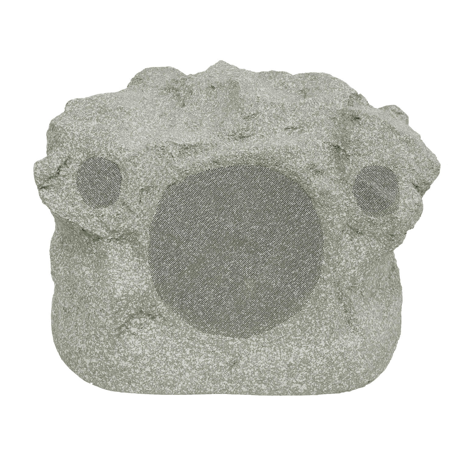 Rock-shaped outdoor speaker with three mesh grilles.