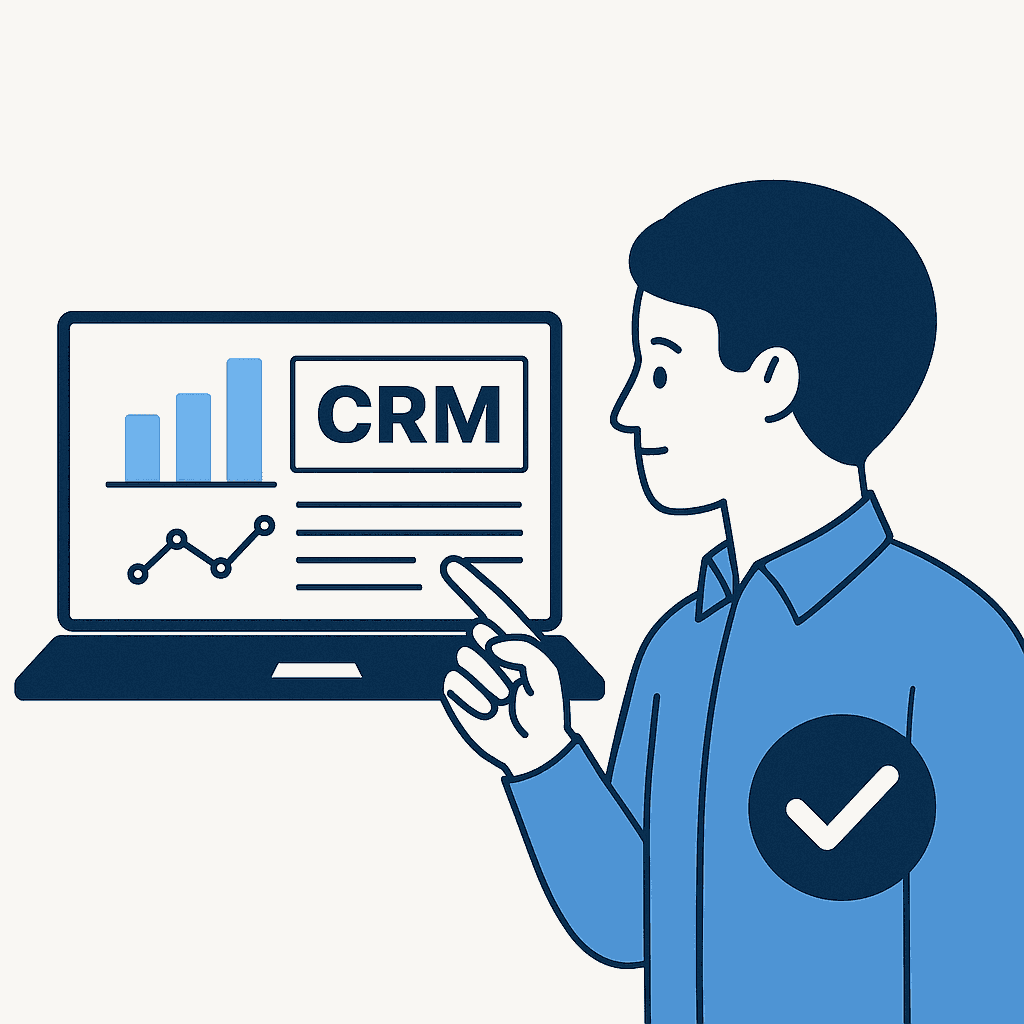 Man pointing at CRM software dashboard on laptop. CRM analytics concept. 