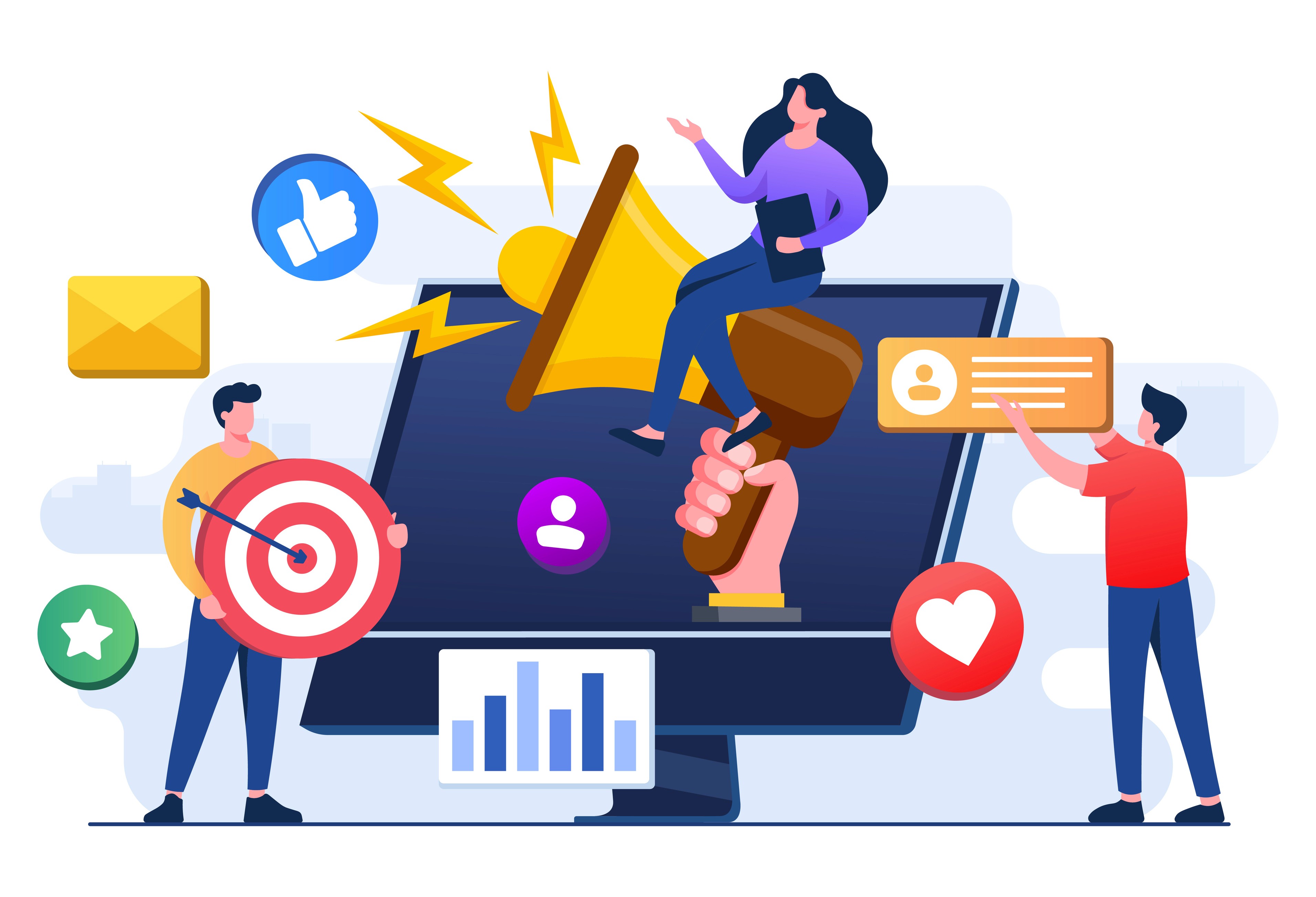 Marketing team around desktop monitor with megaphone, target, and analytics icons representing creator campaign management