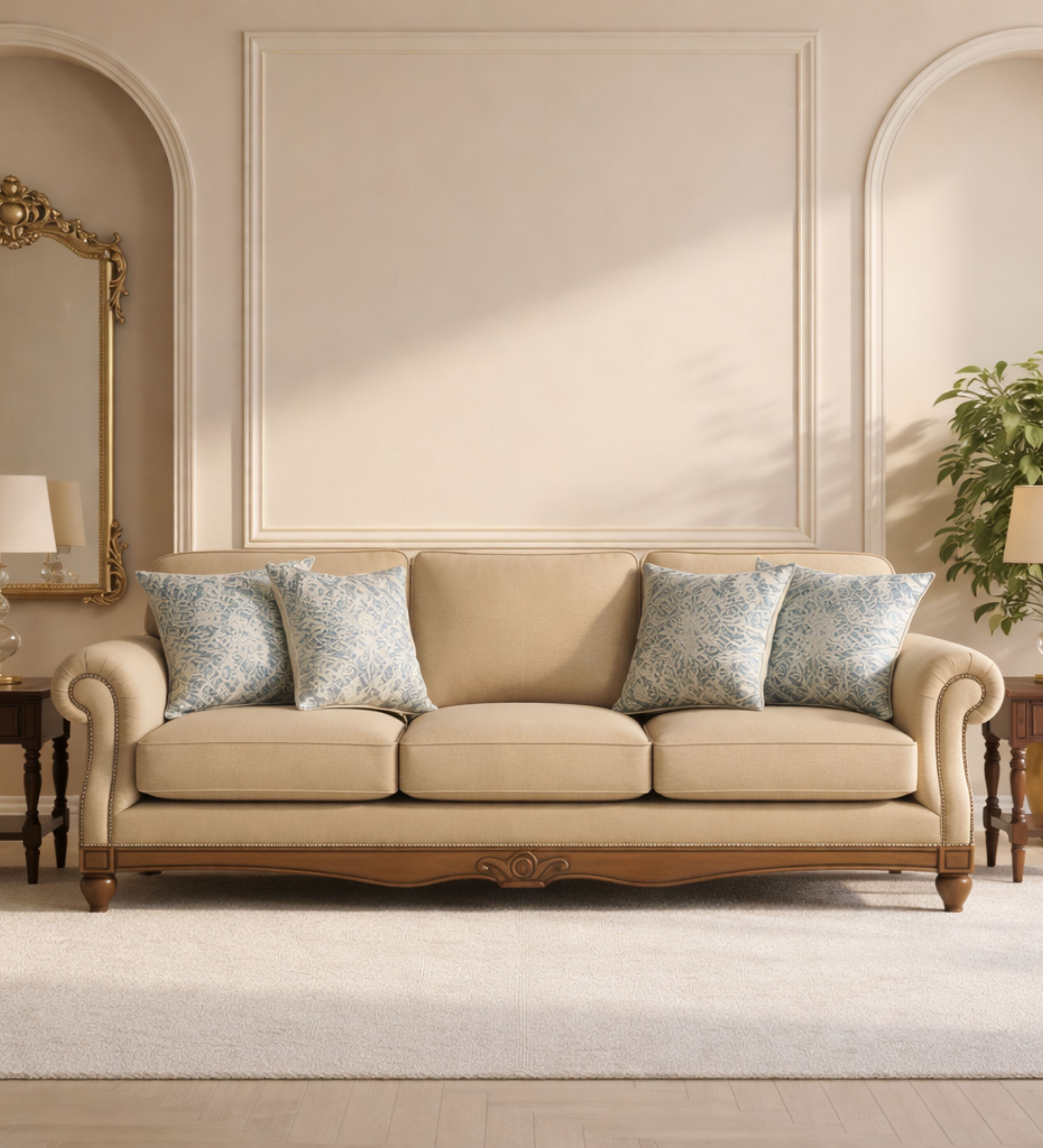 A traditional three‑seater highlighted by rolled arms and decorative cushion detailing.