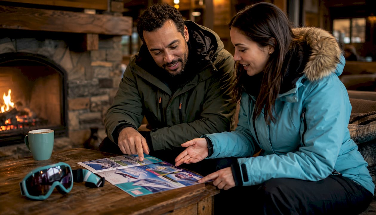 Two skiers comparing heli package options indoors