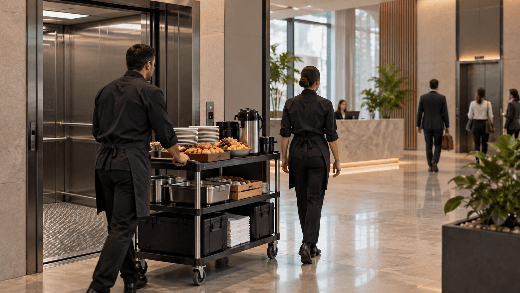 Equipe de catering transporta alimentos e equipamentos pelo elevador de um prédio com coworking