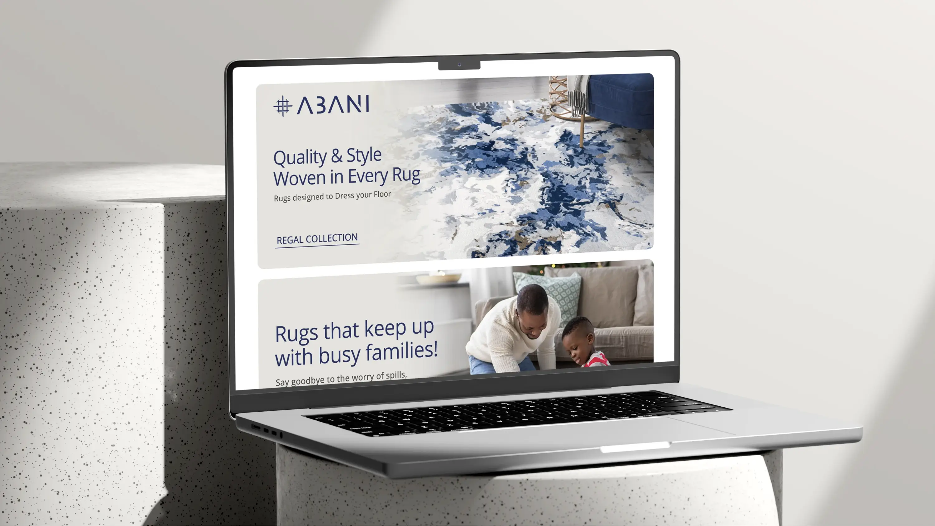 Laptop mockup displaying A+ content design for Abani rug retail
