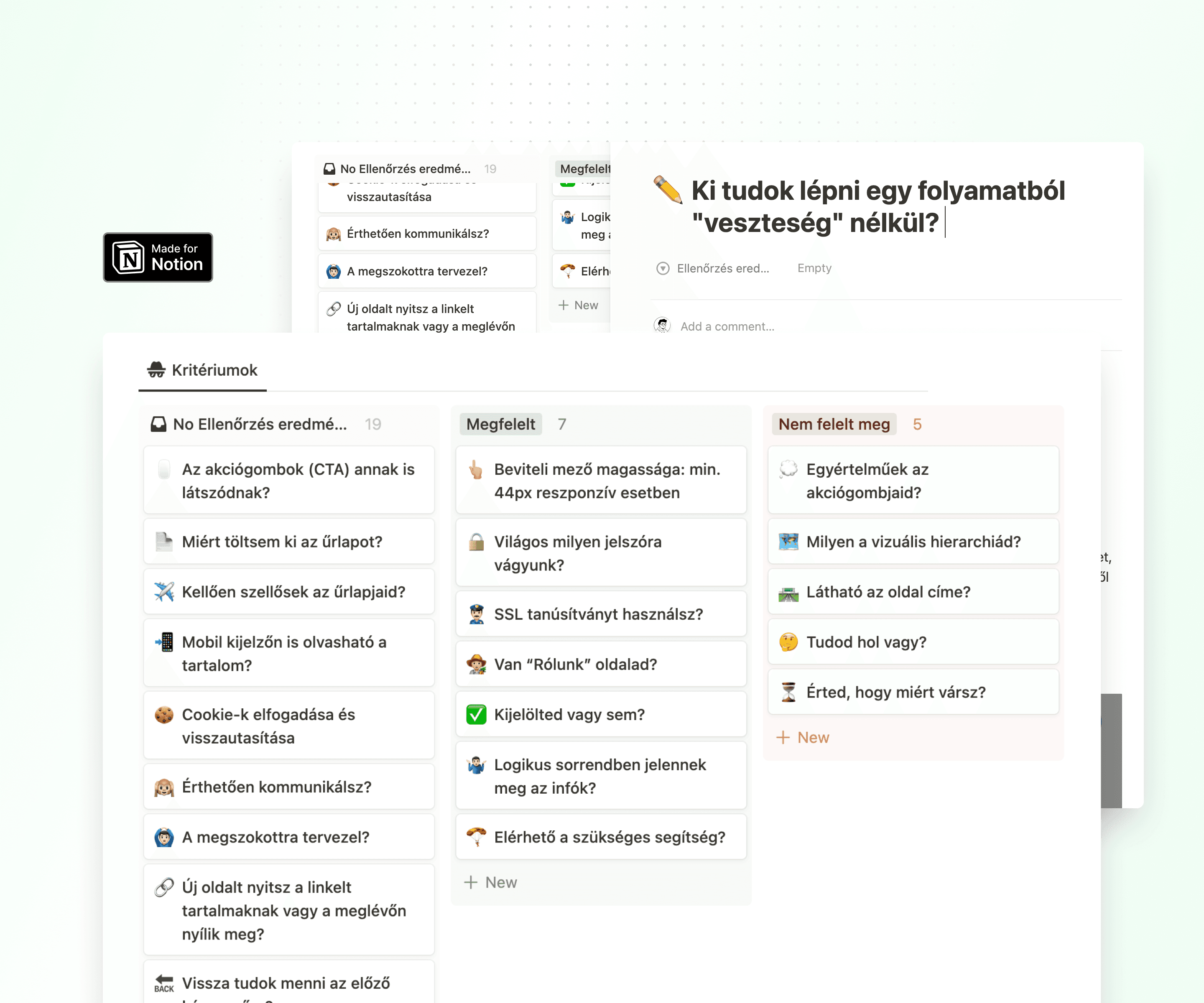 Notion adatbázis a webes felhasználói élmény (UX) alapelveiről, beleértve a vizuális hierarchiát, konzisztenciát, visszajelzést, egyszerűséget és hozzáférhetőséget.