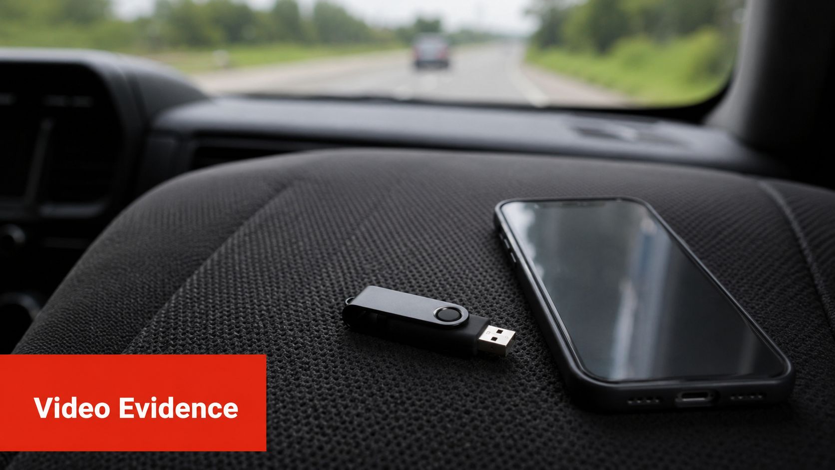 A smartphone and a USB flash drive resting on the seat of a car during a drive.