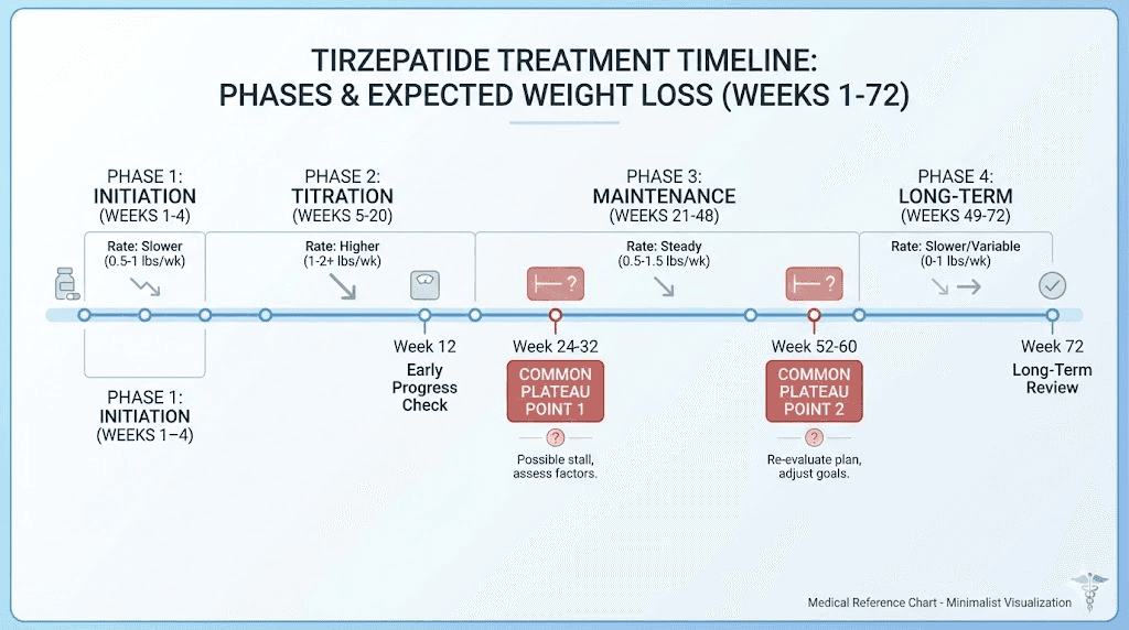 Tirzepatide weight loss timeline showing when plateaus commonly occur and expected rates at each phase
