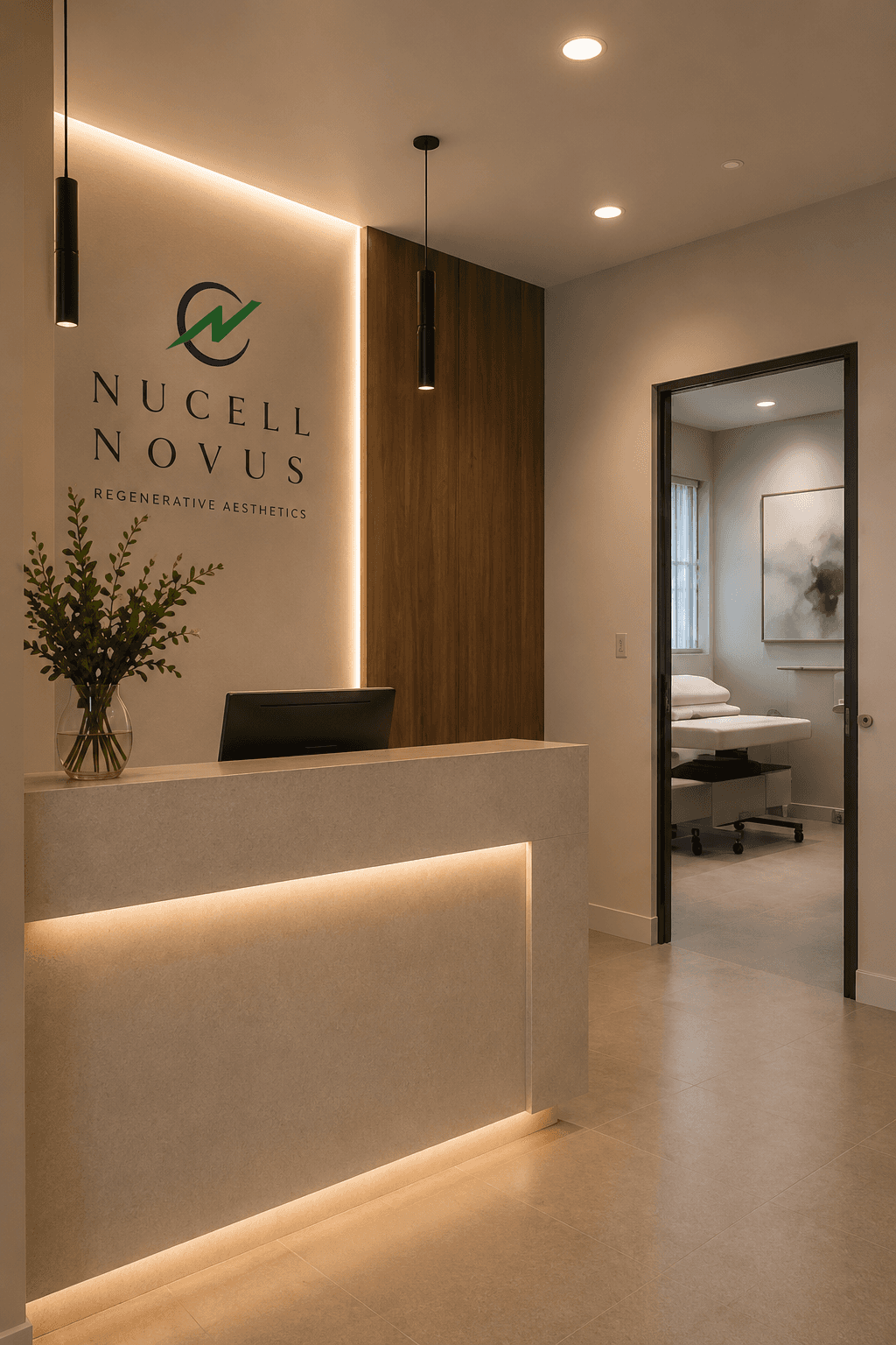 Modern NuCell NOVUS reception area with illuminated desk, logo wall, and treatment room visible through open doorway.