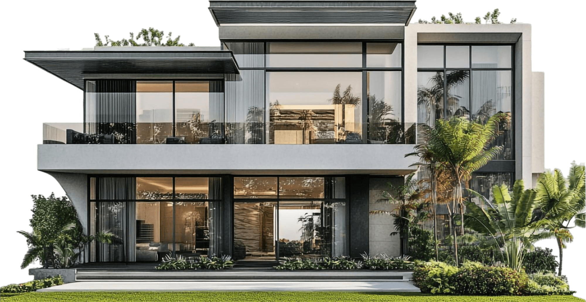Modern house with solar panels, large windows, and a parked car.