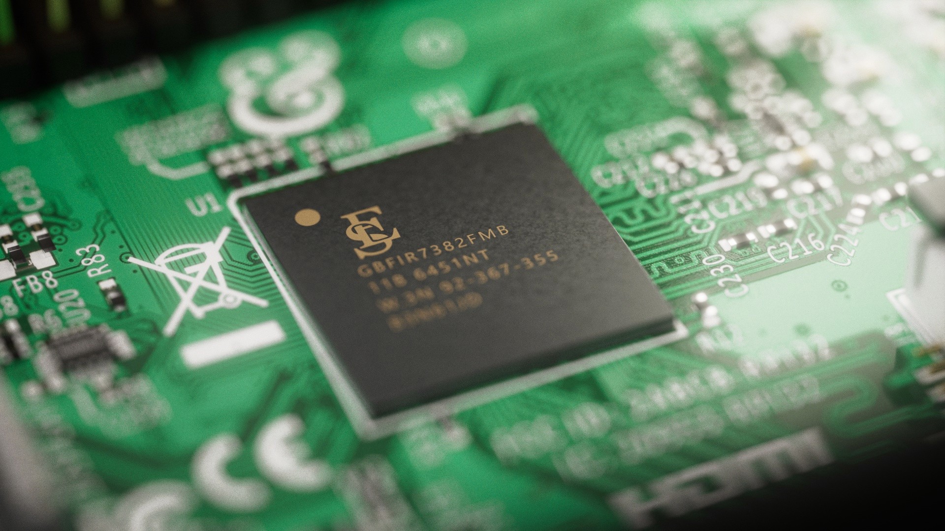 Fotorealistisches 3D-Rendering eines Single Board Computers mit grüner Leiterplatte, Chips und elektronischen Bauteilen