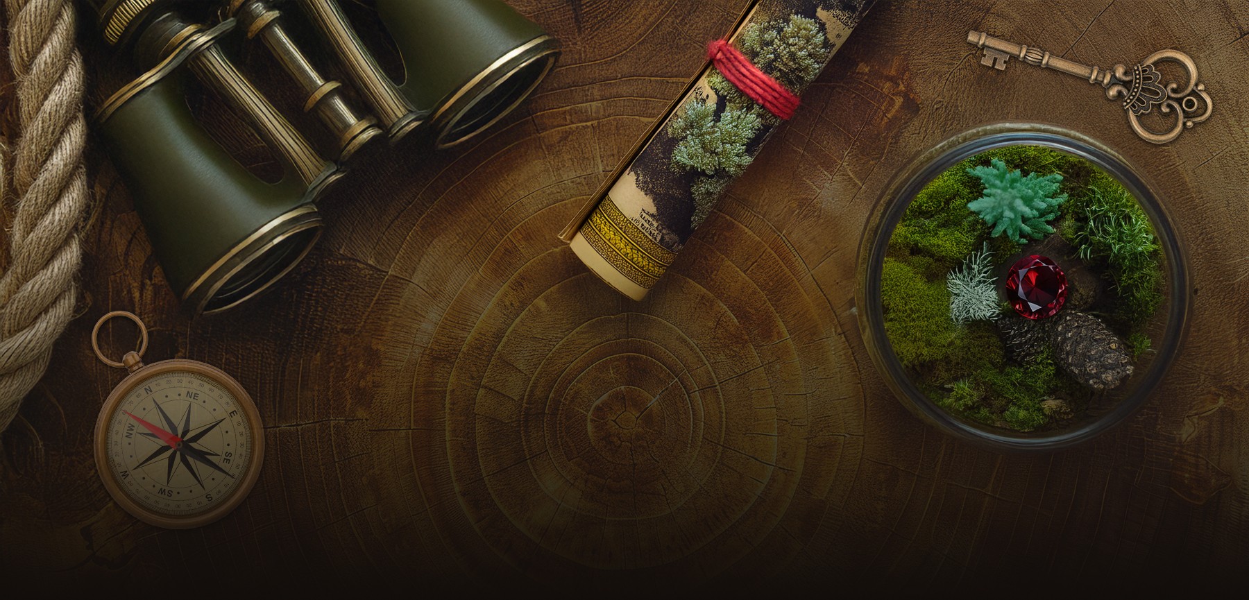 Adventure-themed flat lay featuring vintage green binoculars, compass, rope, rolled forest map, antique brass key, and a glass terrarium with moss, pinecones, a miniature tree, and red gemstone, all arranged on a wooden tree ring background.