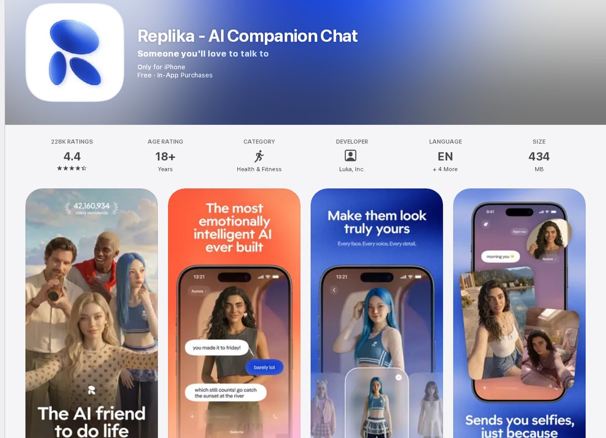 Replika’s App Store listing, where the 2.0 build and its plans appear without tier names, September 2026.