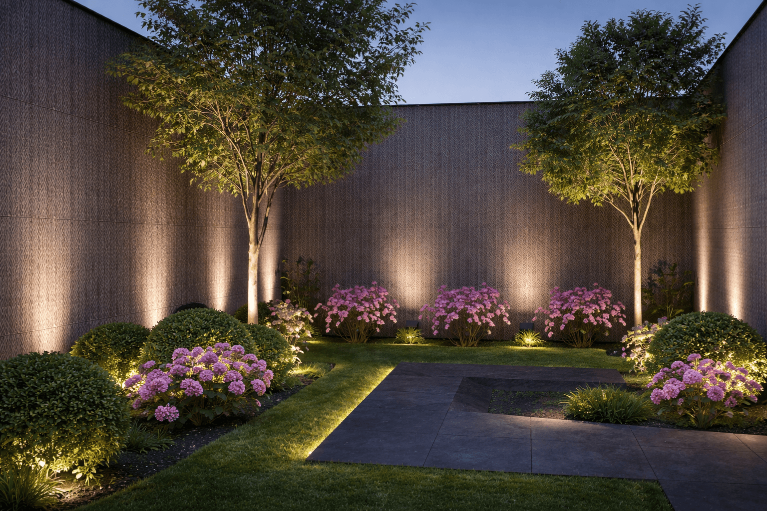 Herring bone stone surface applied in outdoor garden wall with integrated lighting and landscape design
