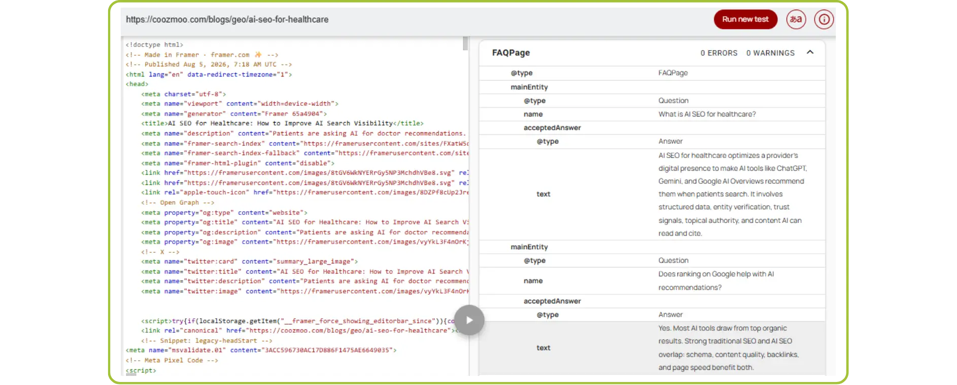 Code inspector showing FAQPage JSON-LD schema on a webpage