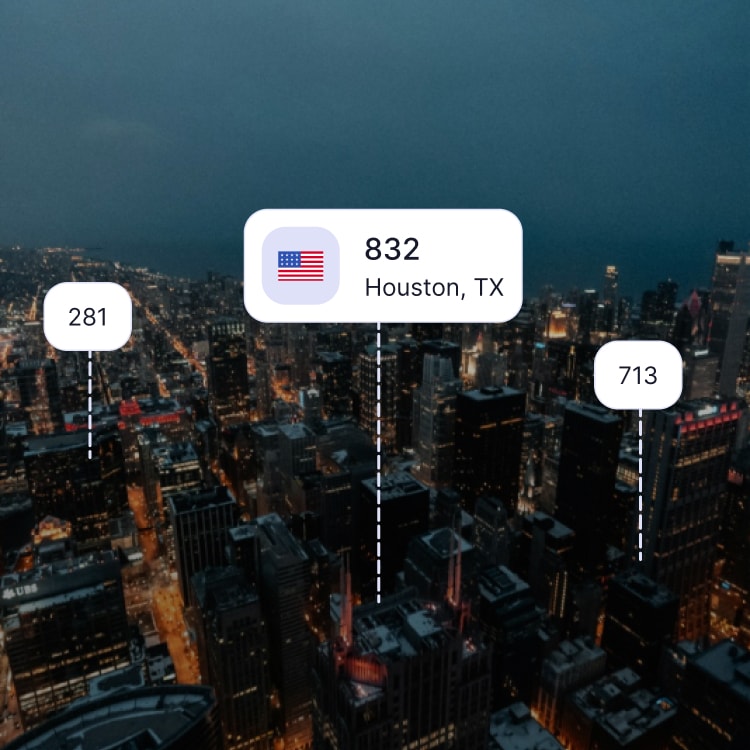 City skyline of Houston showing the 832 area code and surrounding area codes