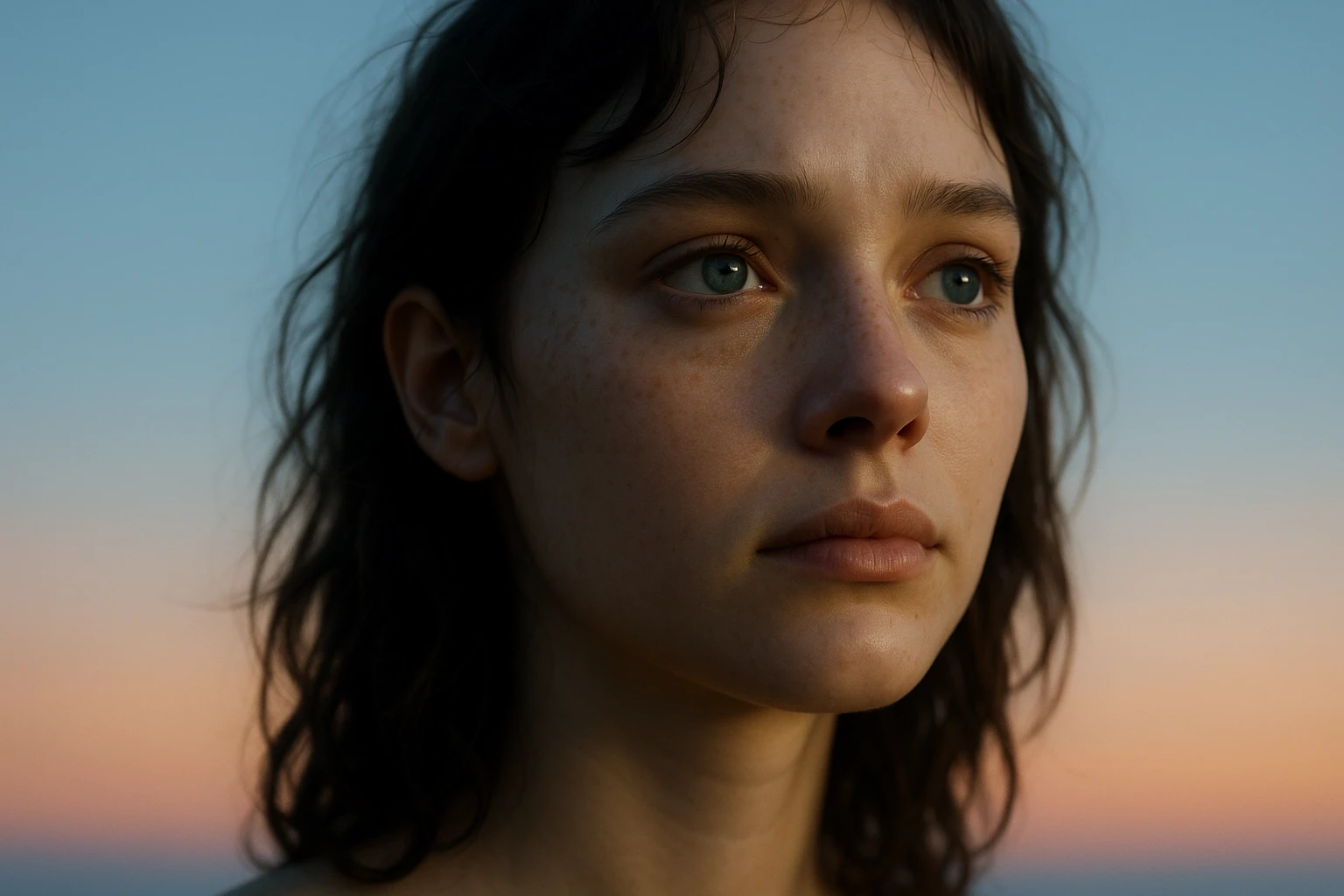 Femme regardant l'horizon avce espoir et tristesse