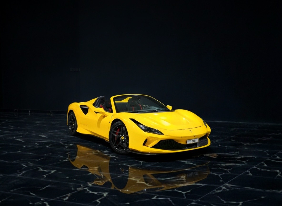 Yellow Ferrari F8 Spider 2023 front view, exotic convertible supercar rental from Queen of Supercar Rental Dubai