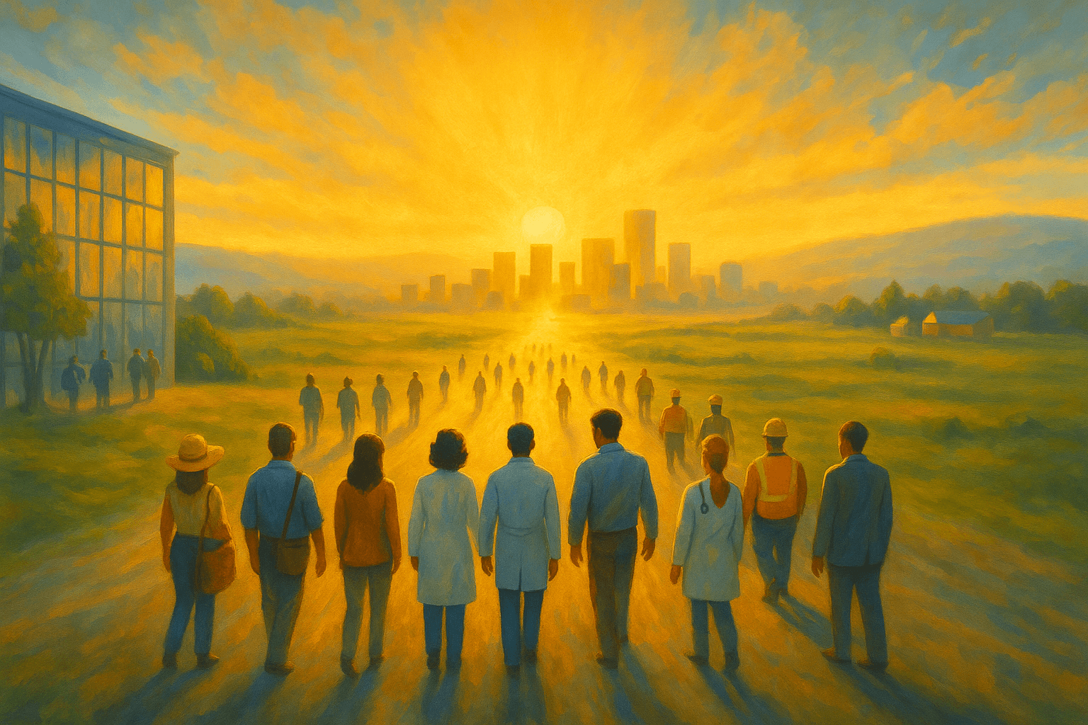 The image features a diverse set of workers walking forward toward a city with the rising sun behind it