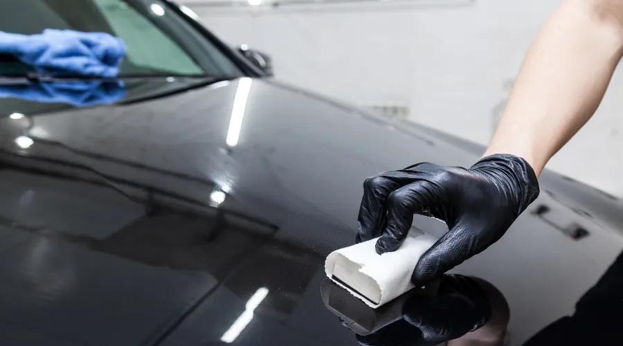 Hand in black glove applying coating to car