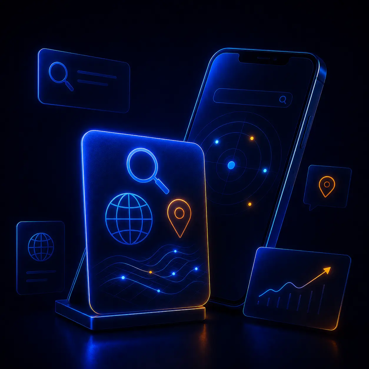 Futuristic SEO and GEO visibility concept with search icon, location pin, growth chart, and blue orange neon interface for Lumis agency