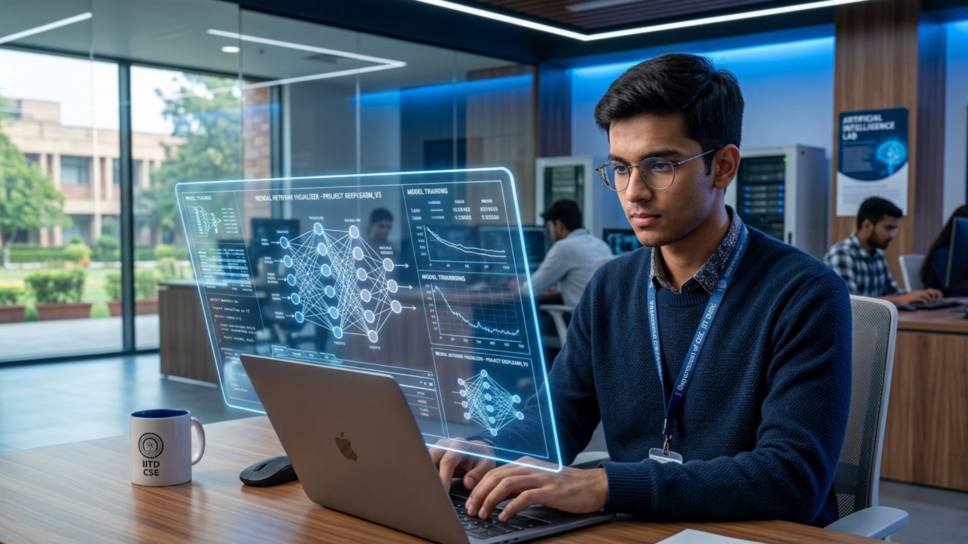 Student working on machine learning models and data visualisations on a laptop, representing the comparison between data science and computer science careers.