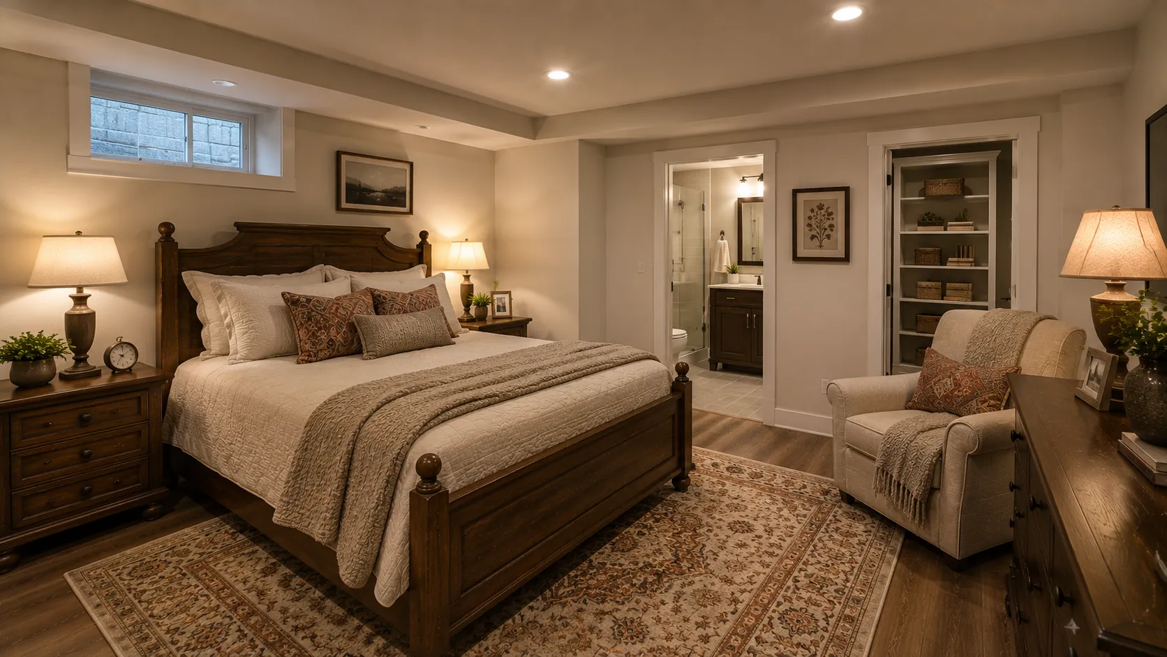 Traditional guest bedroom basement with four-poster wood bed, warm earth tones, decorative bedding and pillows, nightstands, reading chair, full ensuite bathroom, and classic furnishings with area rug.
