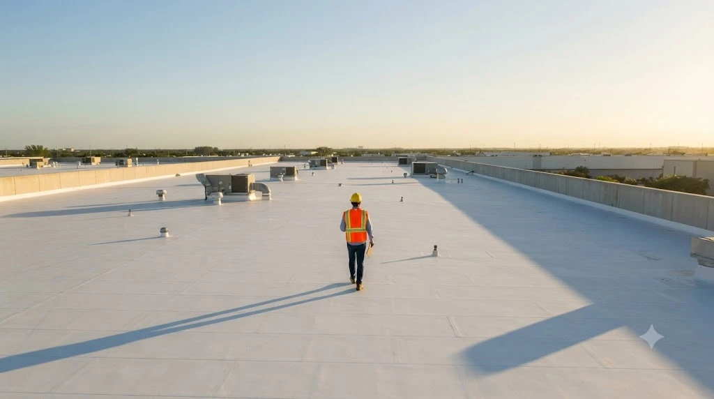 Roofing technician with a clipboard inspecting a large flat commercial roof during a scheduled maintenance visit in Florida