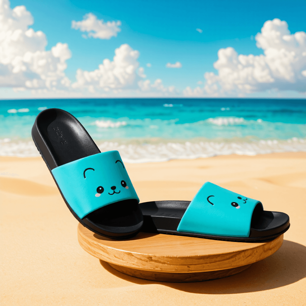 product photography of a pair of casual slide sandals with a playful design