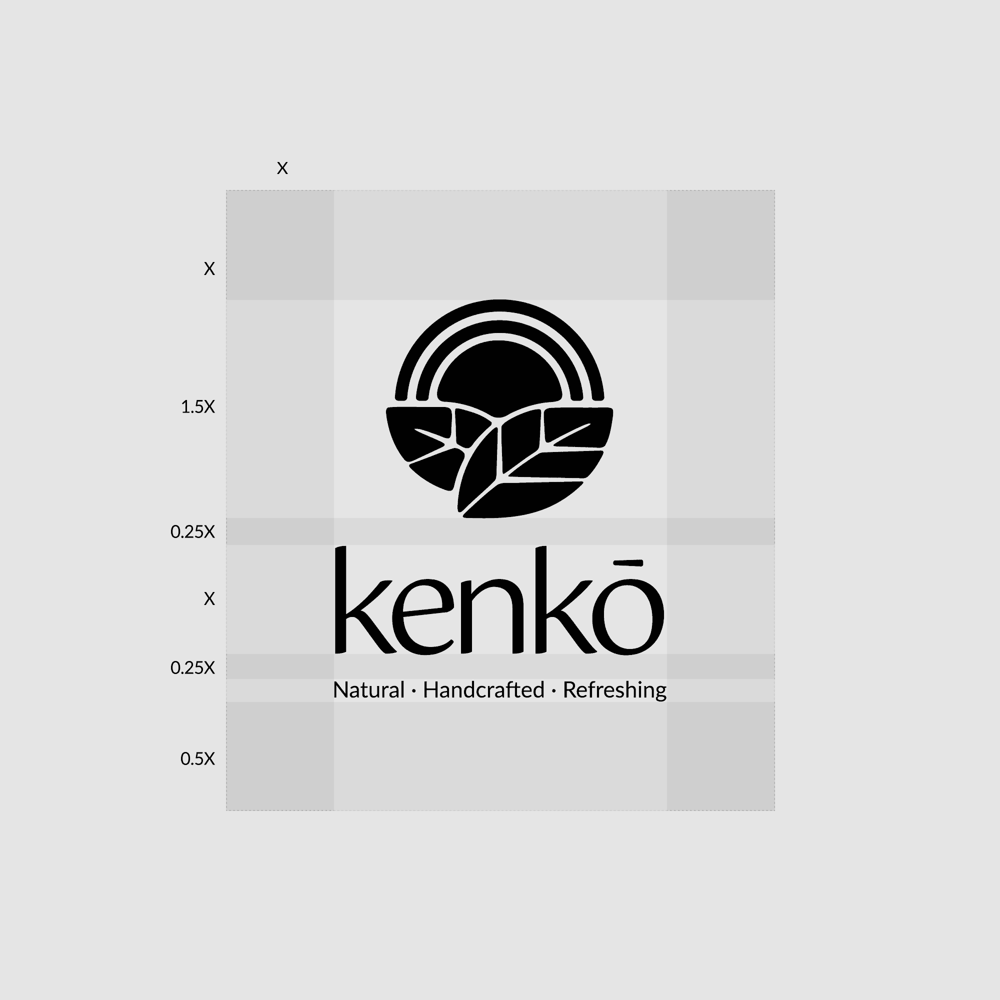 The Kenkō logo shown with its construction grid, detailing the geometric proportions.