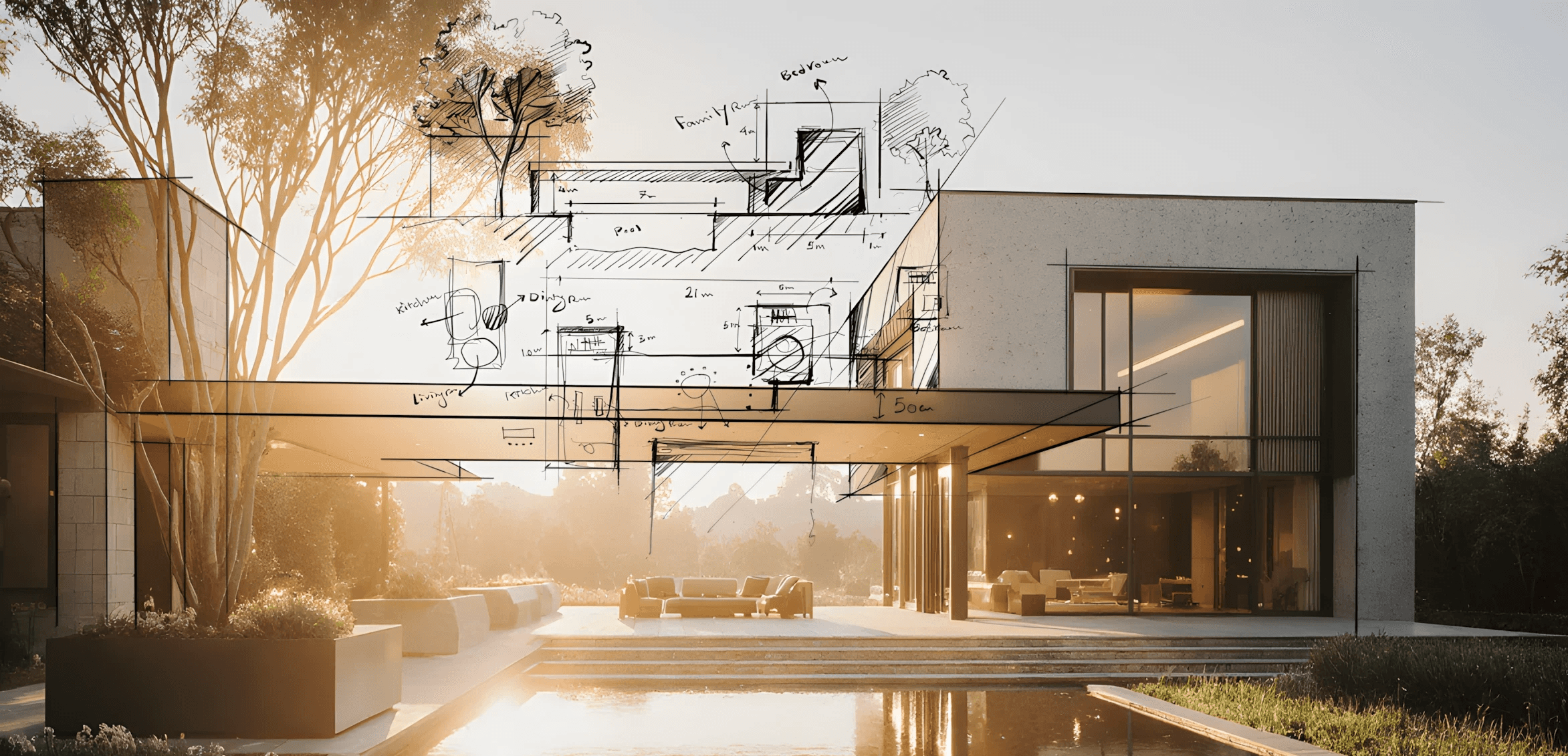 A modern custom concept home designed by ARCA Builders in Newport Beach with large glass windows, outdoor seating area, and an infinity pool.