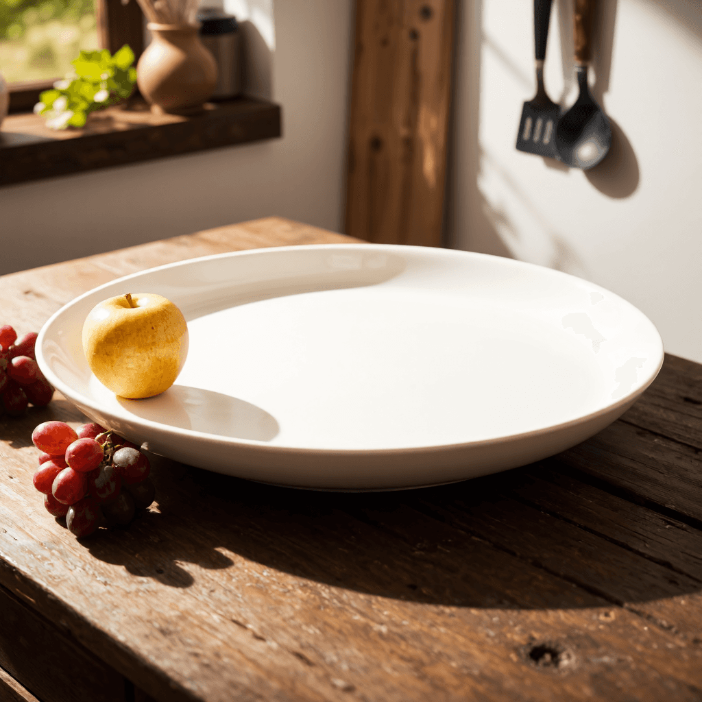 product photography of a round white serving platter