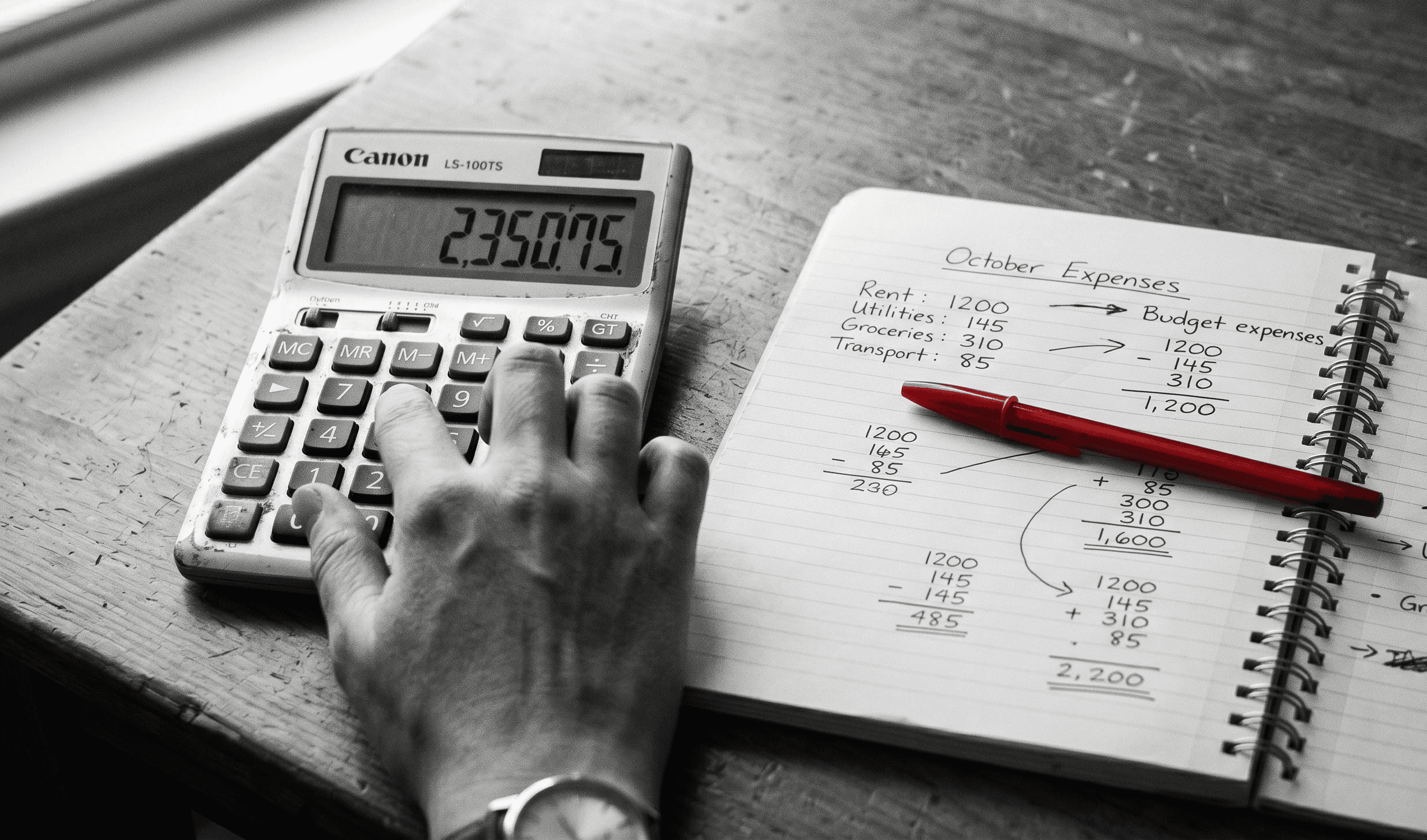 Close-up of a hand using a calculator next to a notepad with handwritten budget calculations for a Google Ads spend