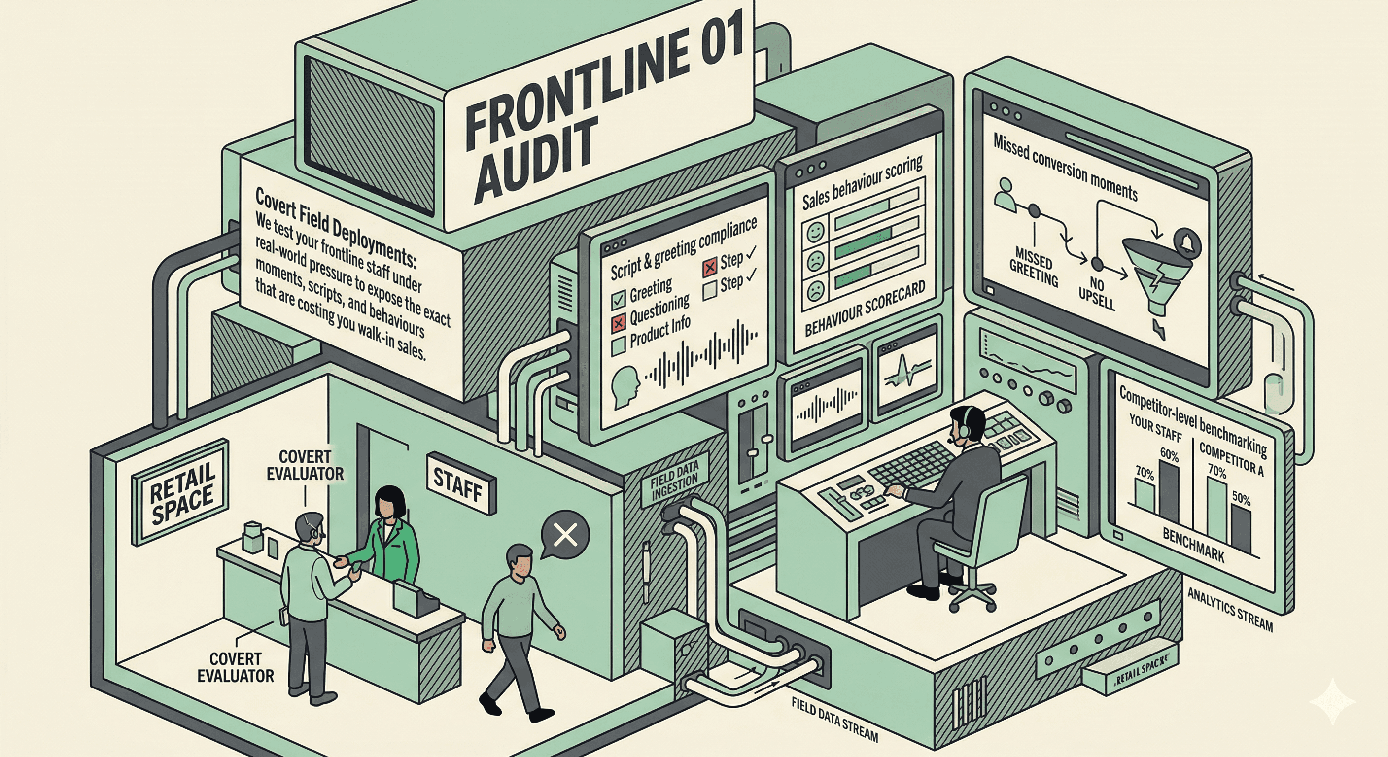 Isometric illustration of a frontline audit process showing a covert evaluator interacting with retail staff, script and greeting compliance scoring screens, sales behaviour analysis, missed conversion funnel, and competitor-level benchmarking dashboard
