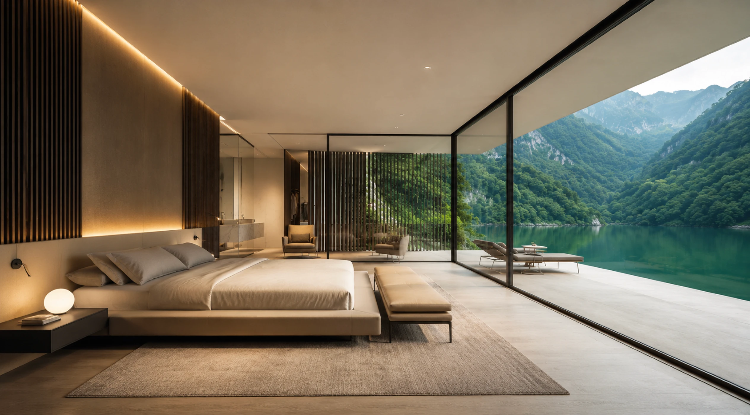 Quarto moderno com grandes janelas de vidro, cama de casal e vista panorâmica para o lago e as montanhas.