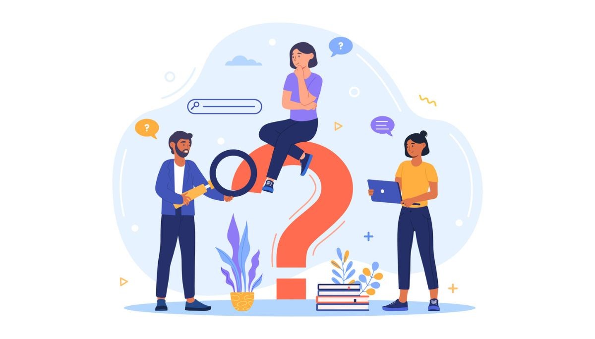 Illustration of people exploring a giant question mark with tools like magnifying glass, laptop, and clipboard