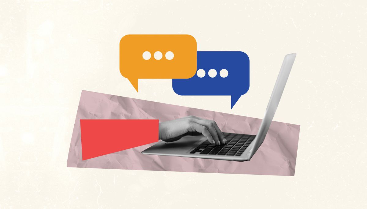 Illustration of a hand typing on a laptop with messaging bubbles above it, representing online collaboration and communication in hackathons.